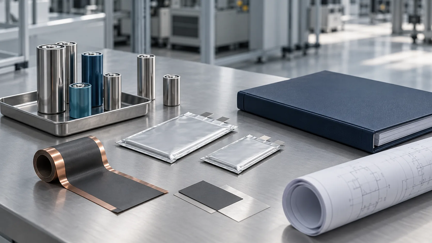 Concept visualization of battery samples and technical reference materials.